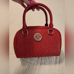 Christian Lacroix Red Embossed Barrel Handbag Purse Satchel Crossbody Top Handle